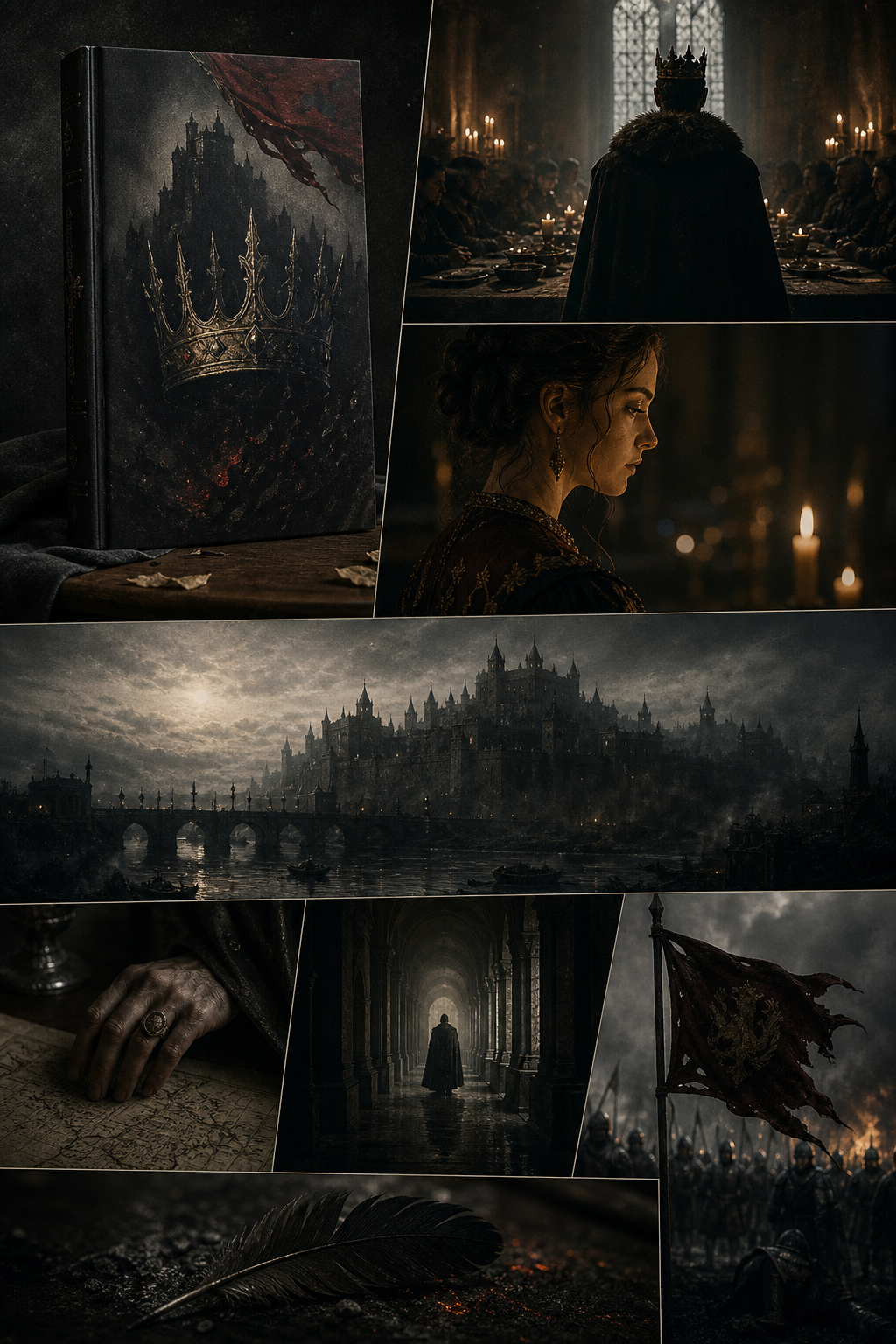 Cinematic teaser stills for Ash and Empire by Tomas Vale, featuring candlelit scenes, grain texture, and pacing notes