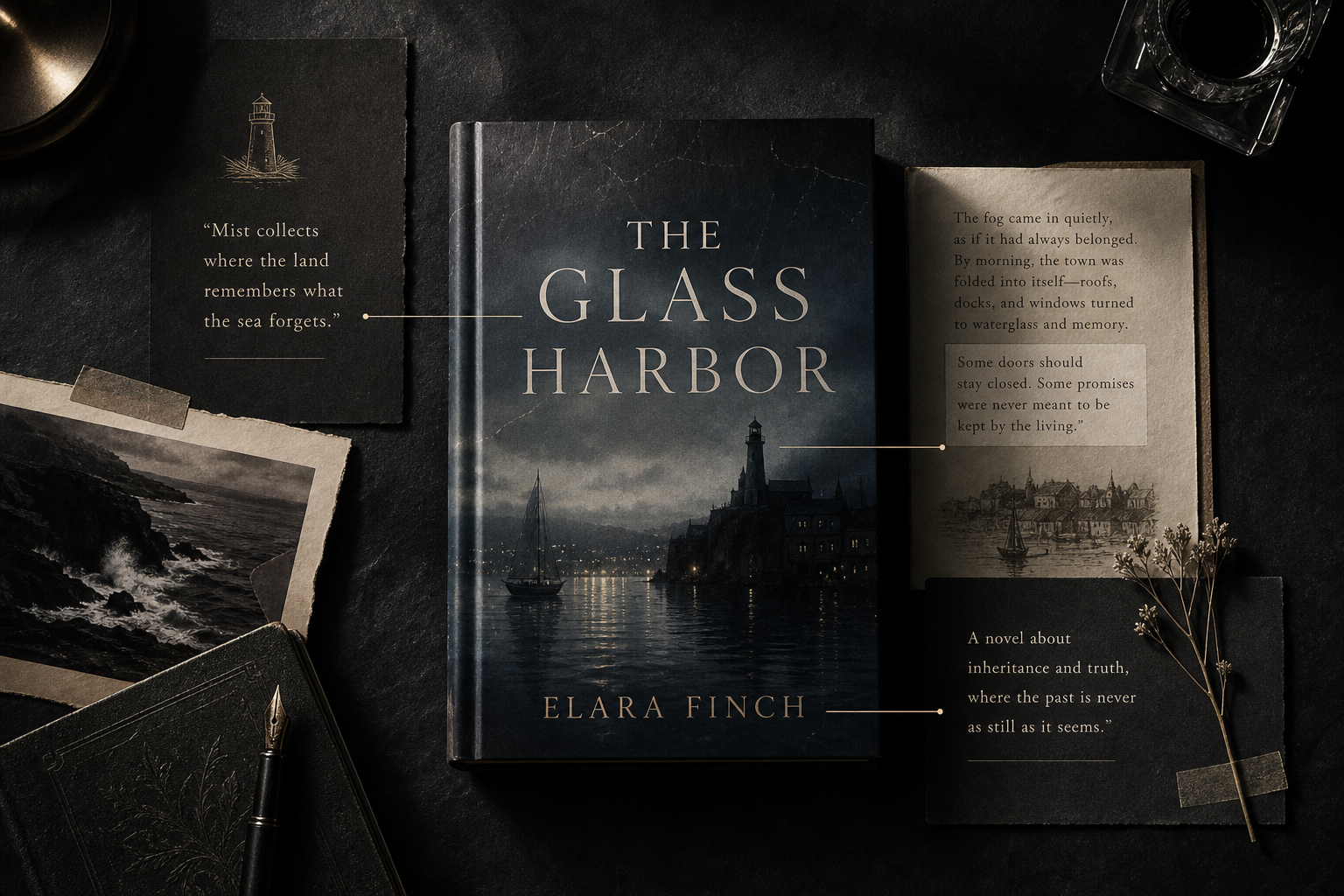 Book cover and editorial spread for The Glass Harbor by Elara Finch, showing annotated excerpts and tonal notes on textured paper