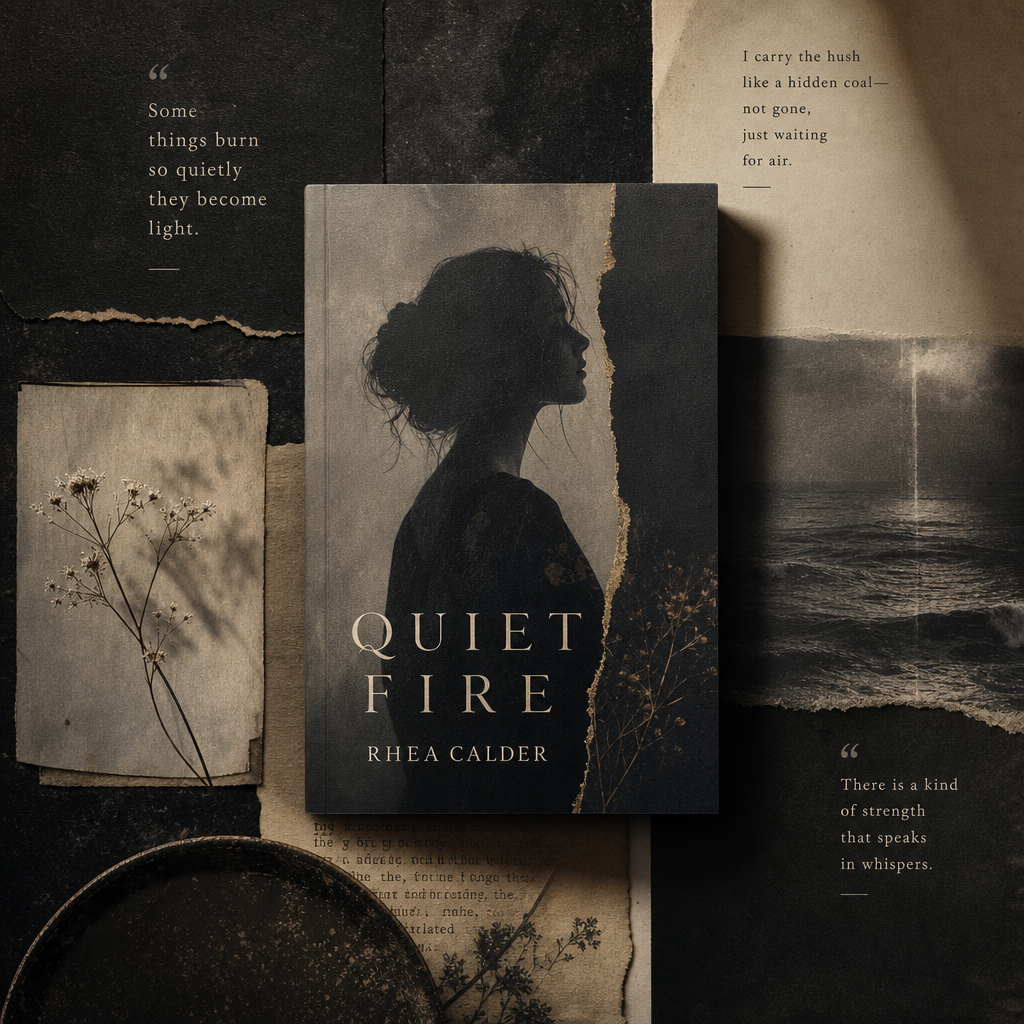 Square presentation composition for Quiet Fire by Rhea Calder, with poetry fragments, serif pull quotes, and archival paper texture