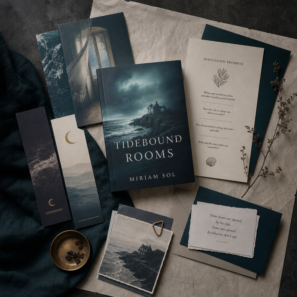 Reader companion materials for Tidebound Rooms by Miriam Sol, including discussion prompts, bookmark set, and quote slips