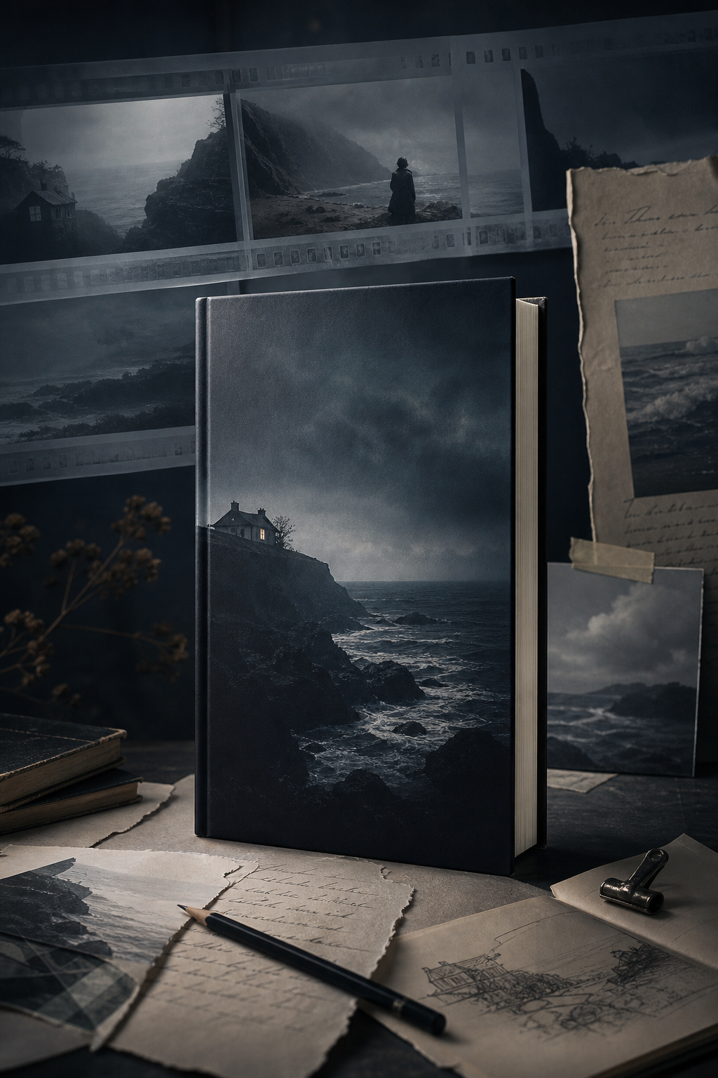 Atmospheric teaser concept board with an upright novel, translucent storyboard strips, and moody coastal lighting in deep charcoal tones