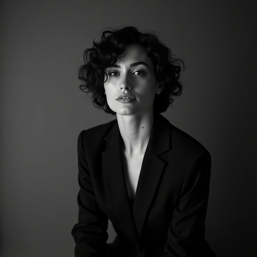 Black-and-white portrait of a confident woman with short curly hair, soft window light, and a minimalist studio backdrop