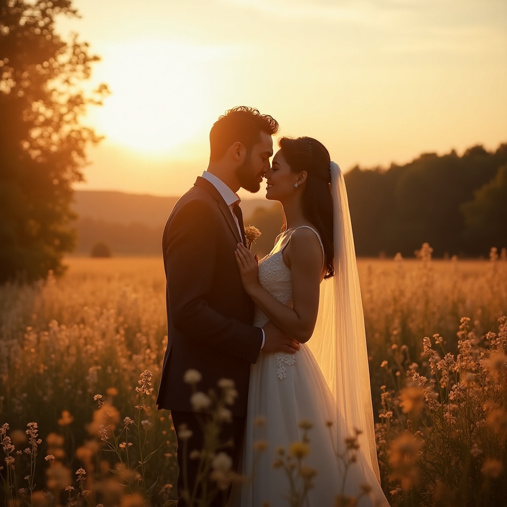 Elegant outdoor wedding scene with a couple embracing at golden hour, flowing veil, and soft meadow backdrop
