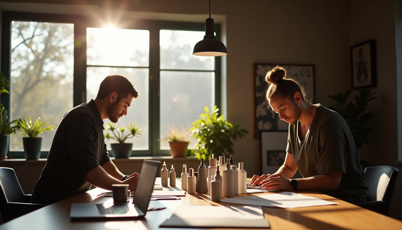 Creative team working in a sunlit studio with branded products