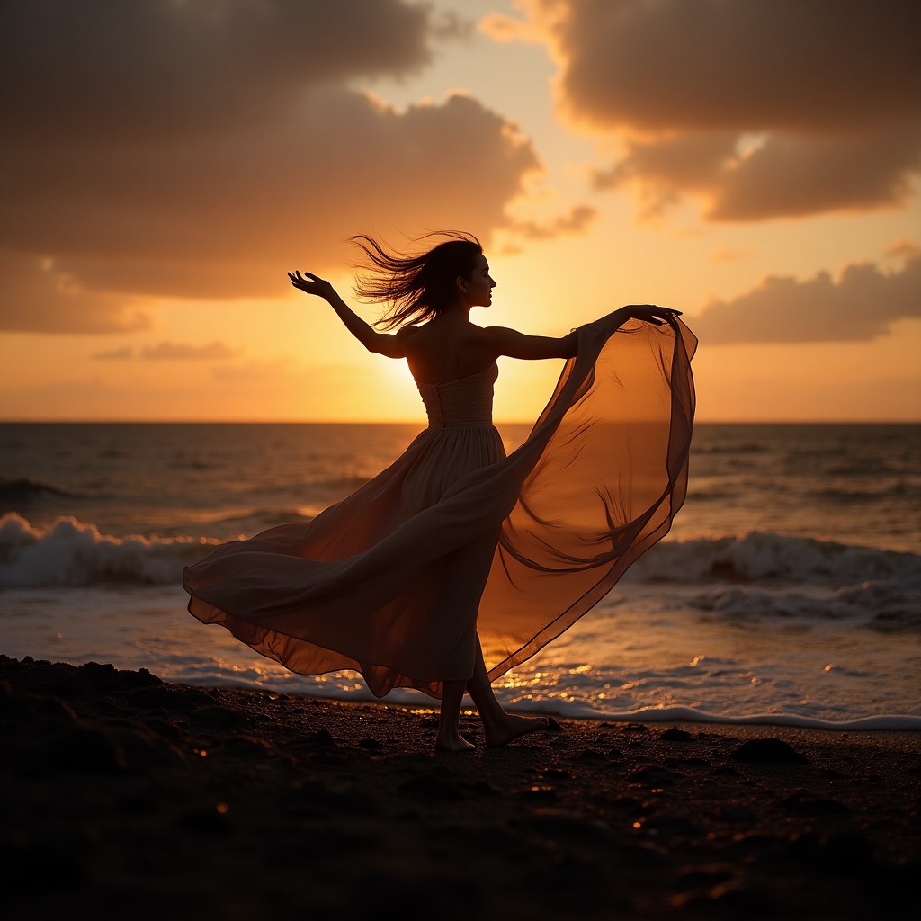 Silhouette of a dancer on a windswept coastline at sunset, long exposure motion blur and dramatic sky