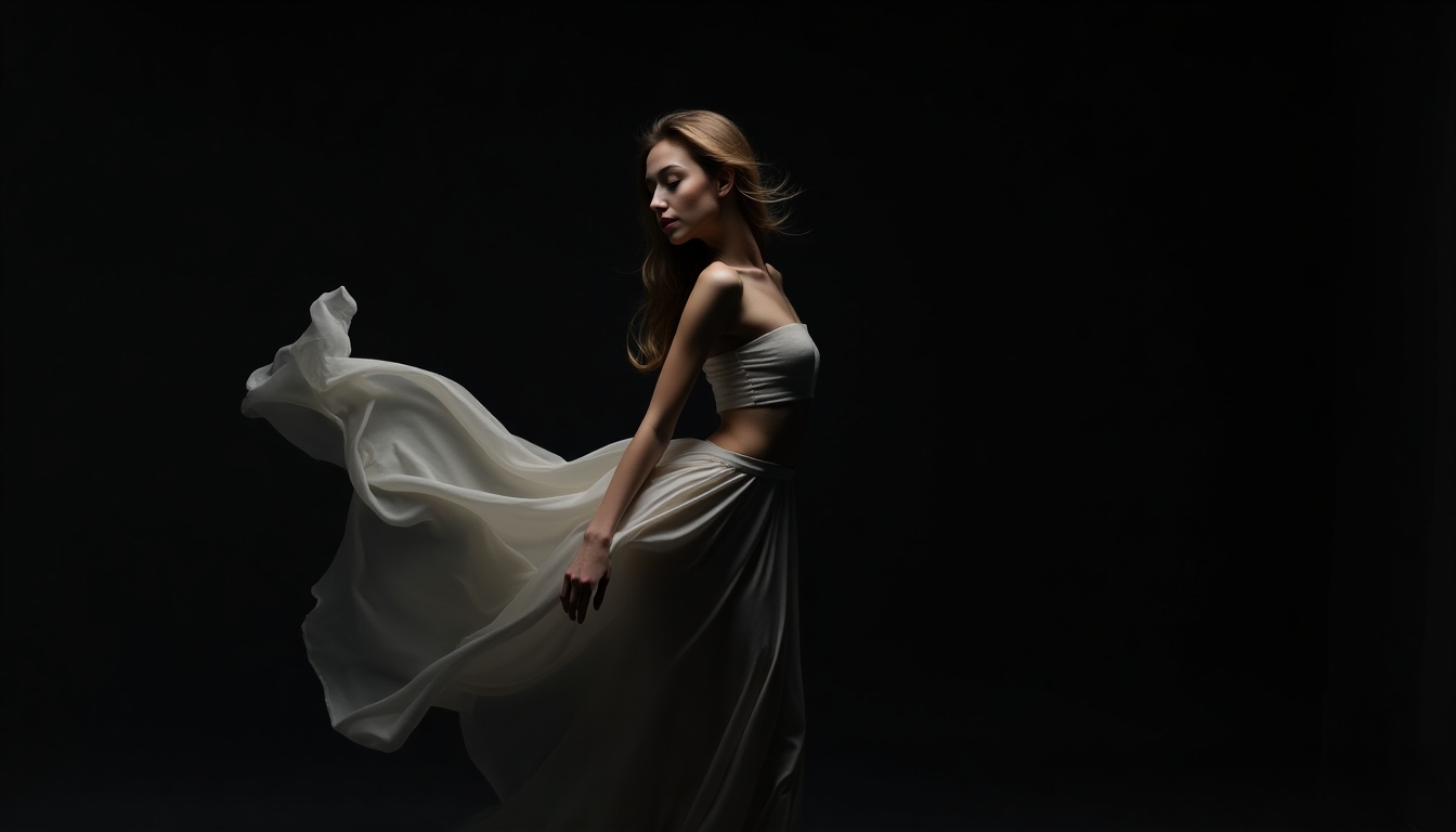 Cinematic editorial portrait of a woman in a dark studio, lit by a soft rim light with flowing fabric in motion