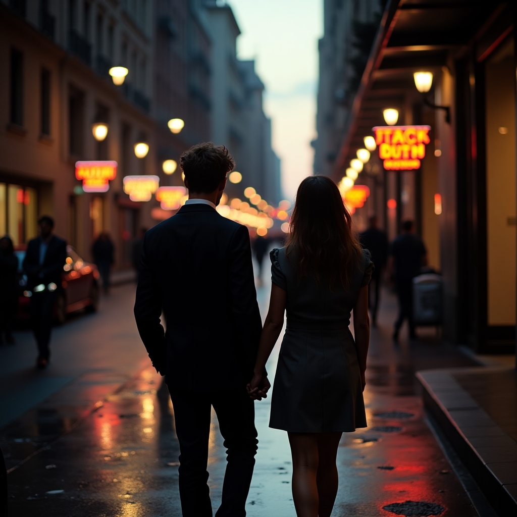 Couple walking through a modern city street at dusk, candid movement with warm highlights and soft grain