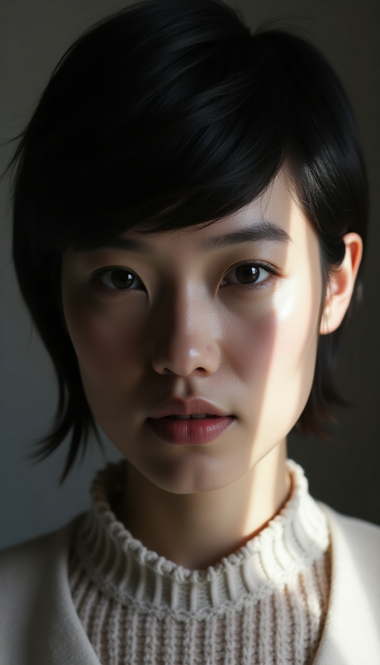 Modern portrait of a woman in a neutral studio with bold shadows