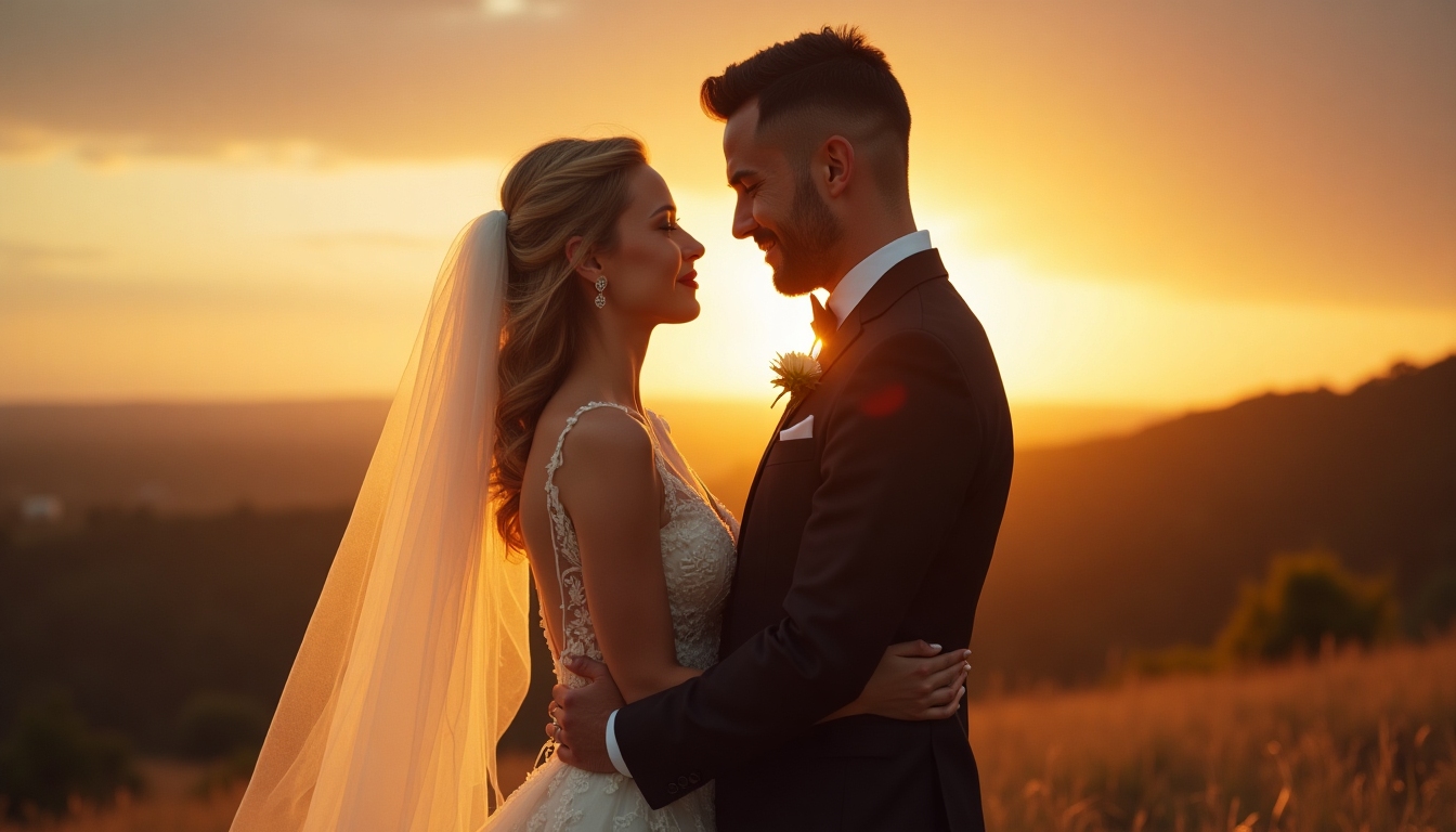 Romantic wedding couple under soft evening light, cinematic and editorial in mood