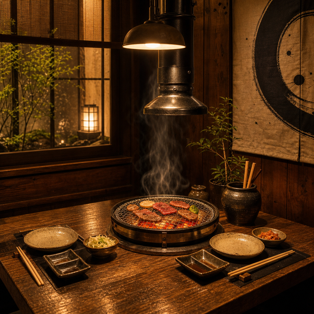 炭火コンロが灯る、木の温もりある落ち着いた焼肉店内のテーブル風景
