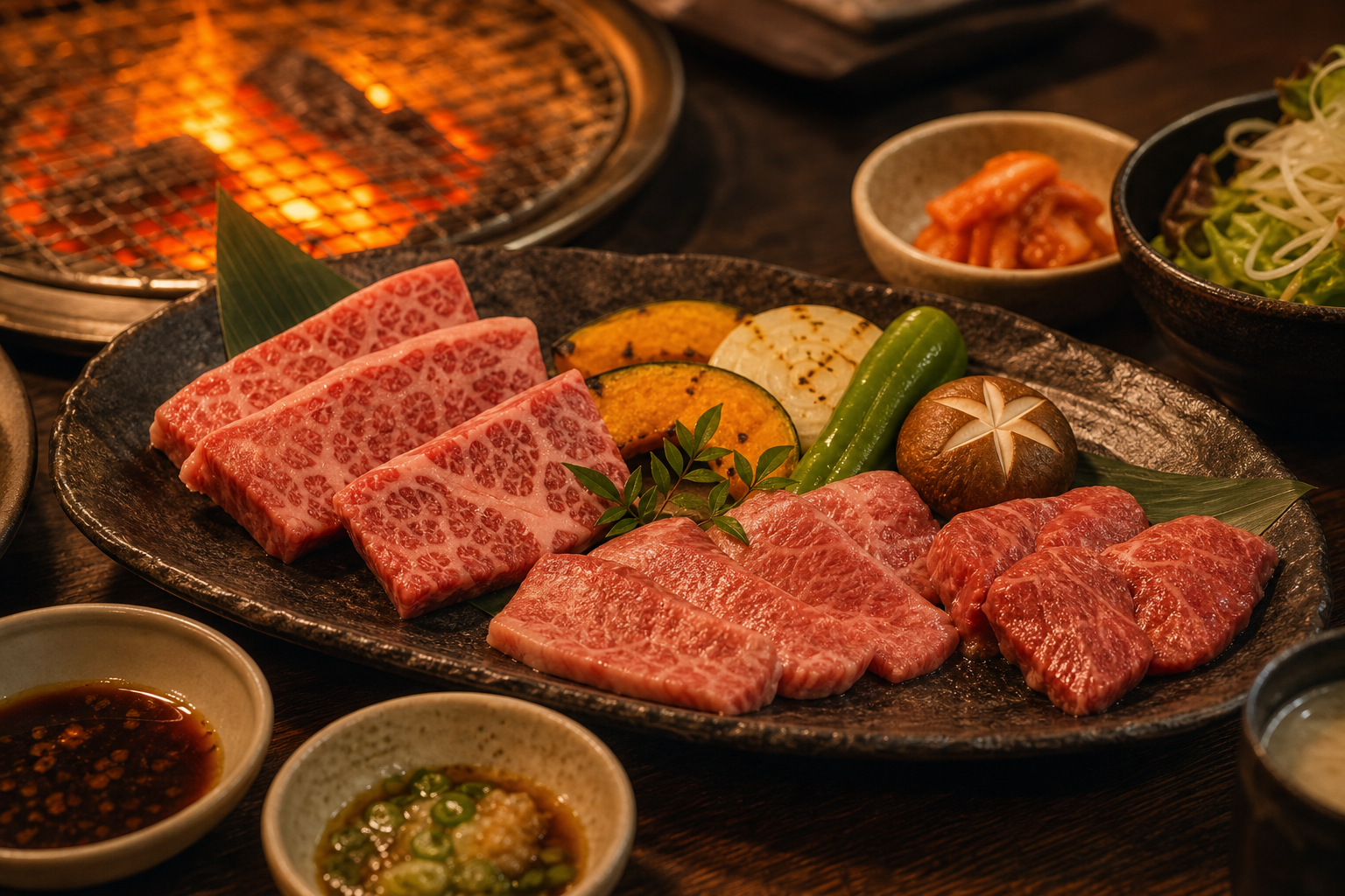 霜降り牛や野菜を盛り合わせた、炭火のぬくもりを感じる焼肉プレート