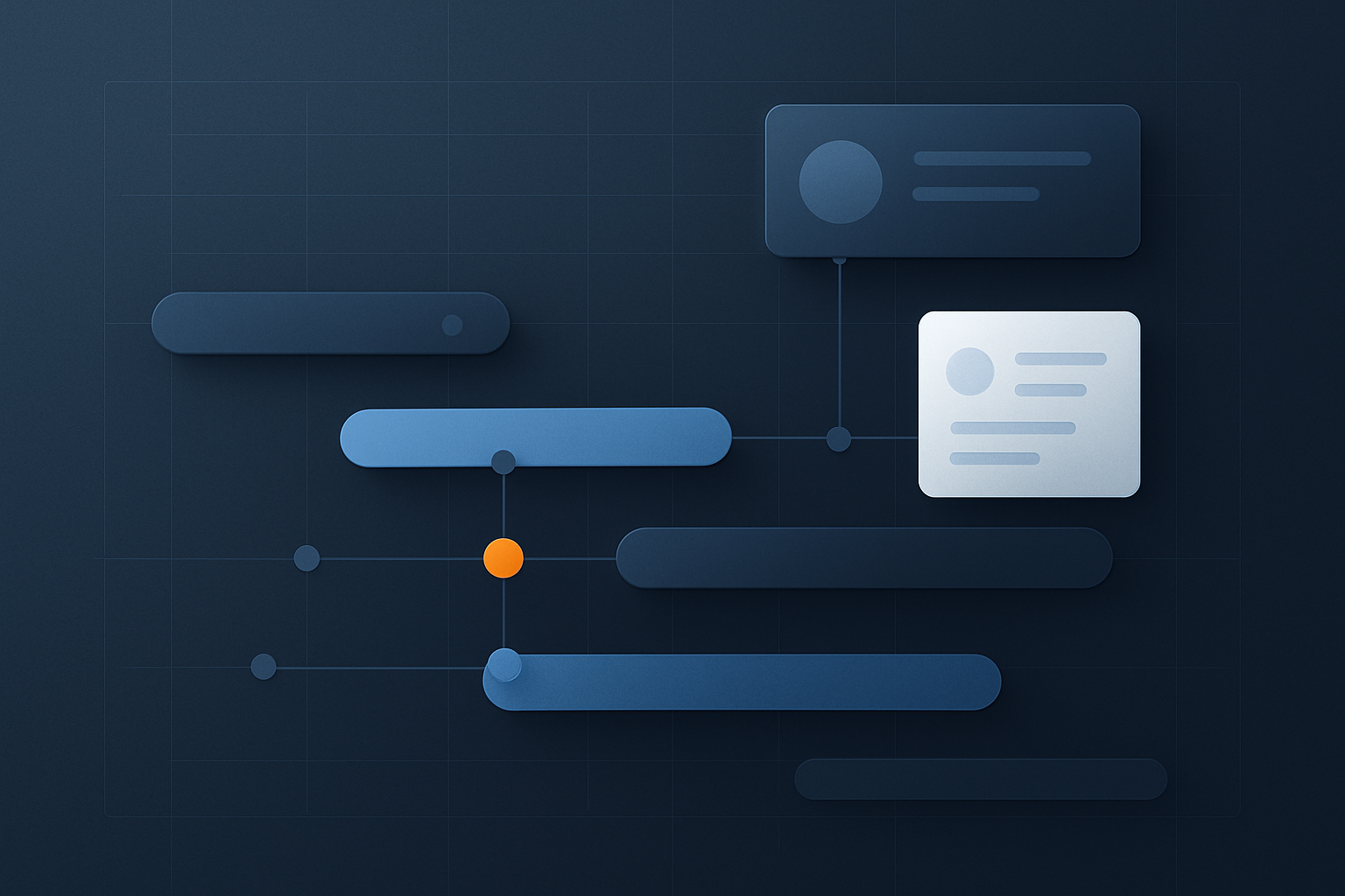 Abstract project delivery dashboard with timelines, milestones, and connected nodes