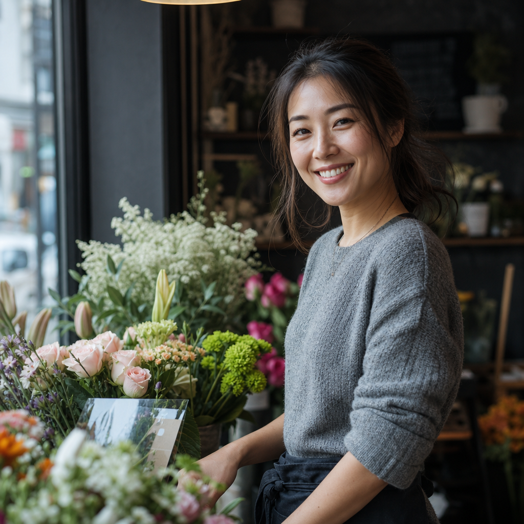 Candid portrait of Asha Nguyen, florist, beside fresh bouquets in a bright shop