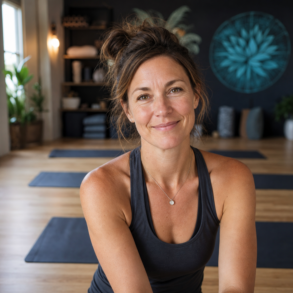 Natural portrait of Diane Brooks, yoga studio owner, in a softly lit studio