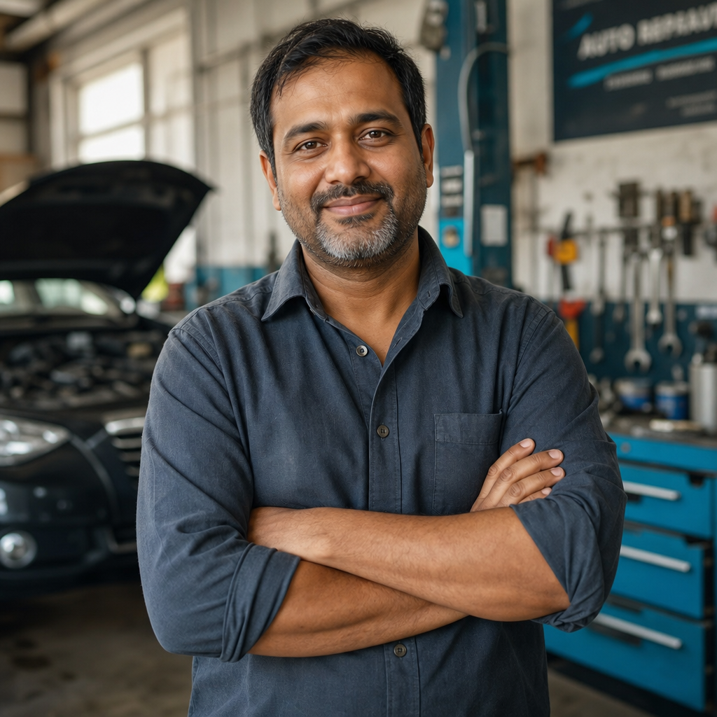 Relaxed portrait of Kevin Patel, auto shop owner, standing in his garage with natural daylight