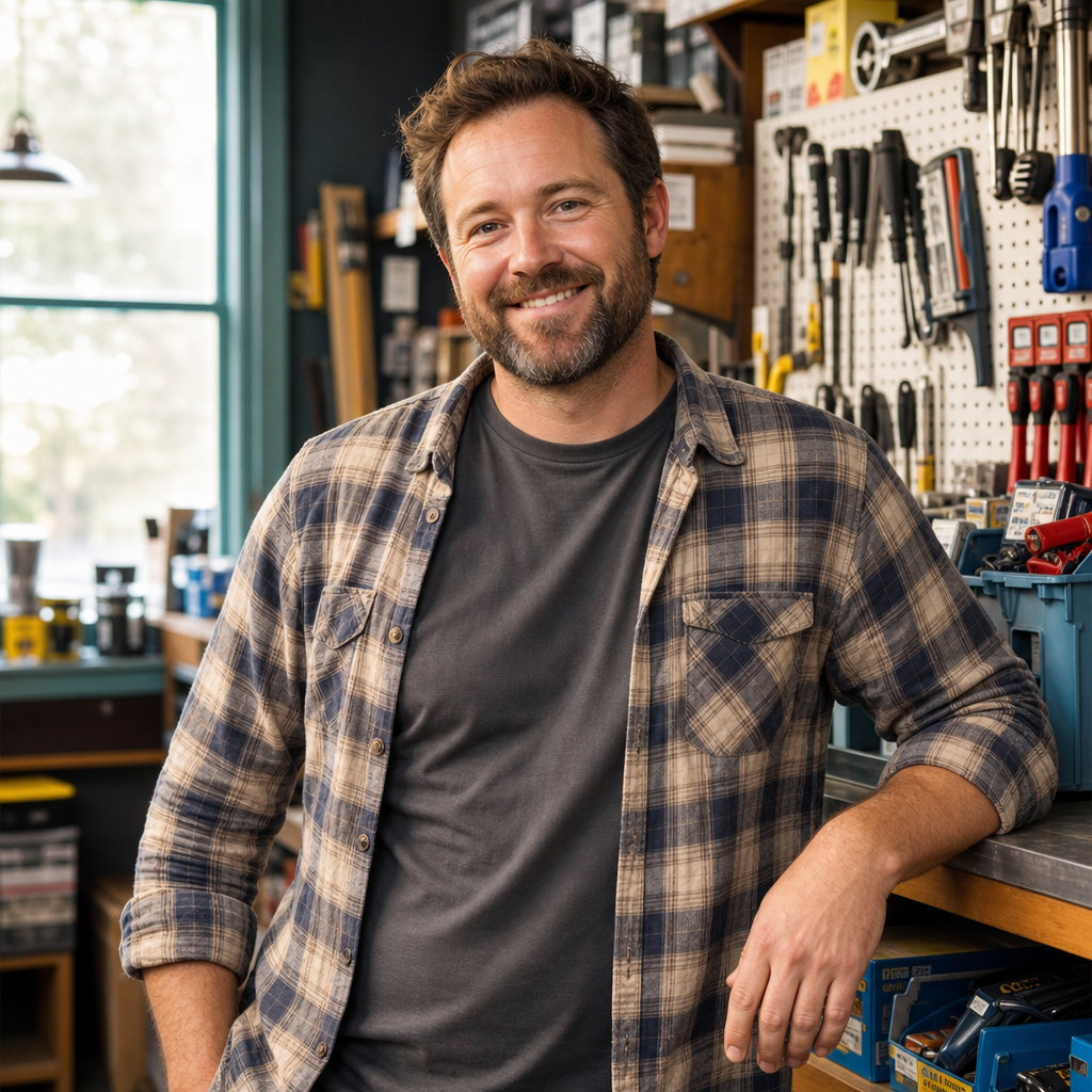 Everyday portrait of Liam Carter, hardware store owner, standing by tool shelves with warm window light