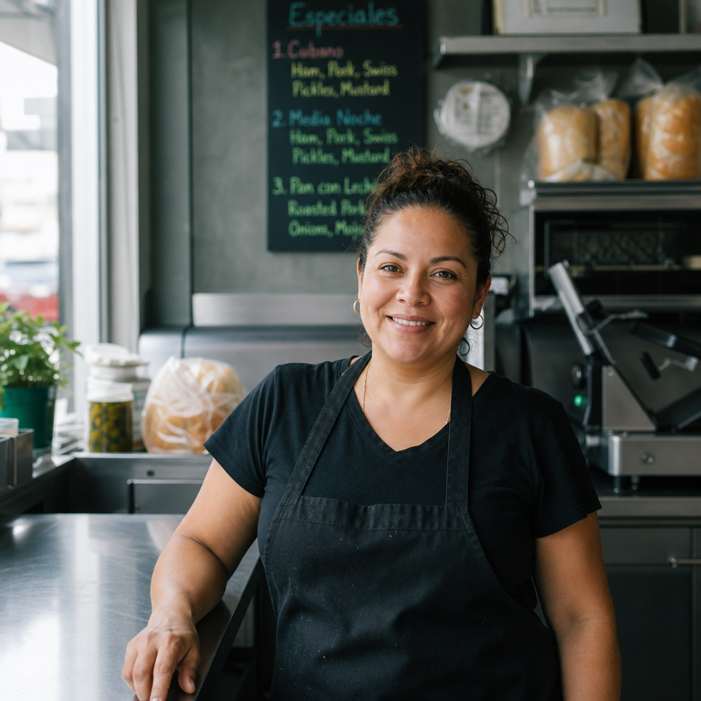 Casual portrait of Maria Lopez, deli owner, in a sunlit kitchen with a relaxed smile