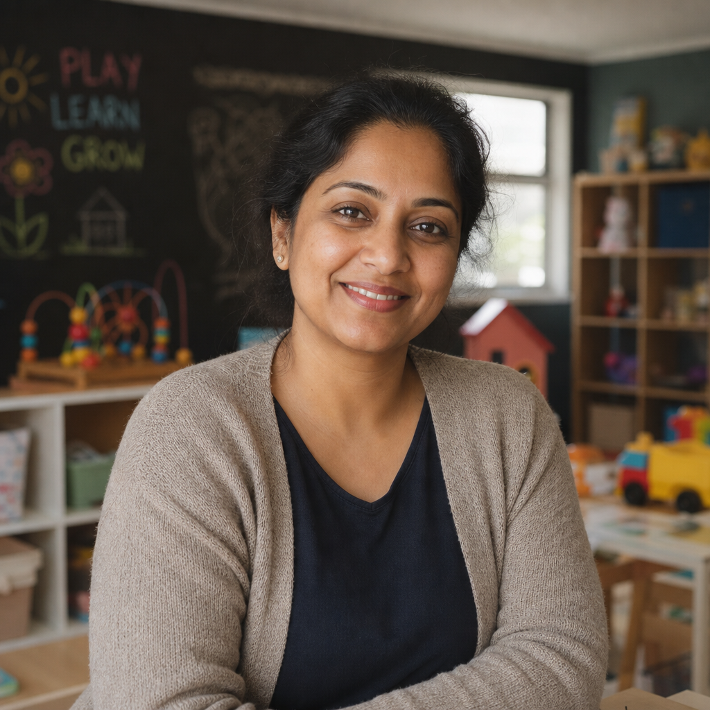 Warm portrait of Priya Shah, daycare owner, in a playroom with soft natural light