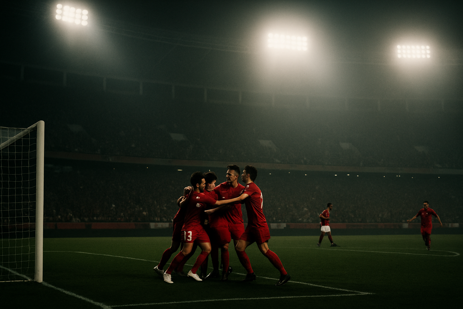 Archival night match at Tianhe Stadium with Guangzhou FC players in red kits celebrating near the penalty area under dramatic floodlights and filmic grain