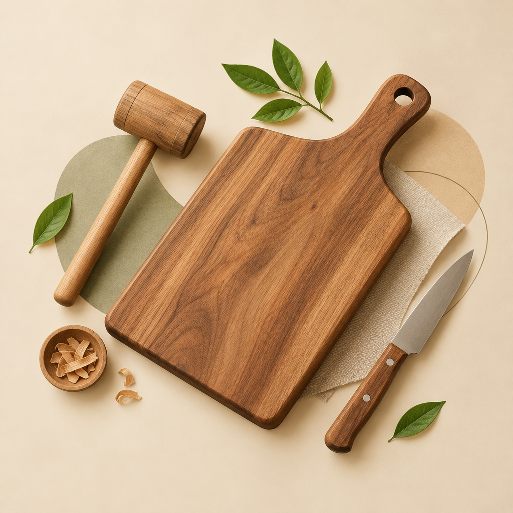 Minh họa tạp chí mini về chủ đề thớt gỗ nghiến với thớt gỗ, lá xanh và dụng cụ bếp trên nền sạch ấm