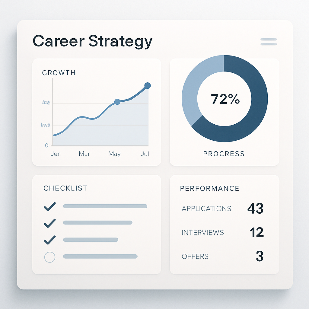 Elegant career strategy dashboard with charts, checklist, and progress indicators