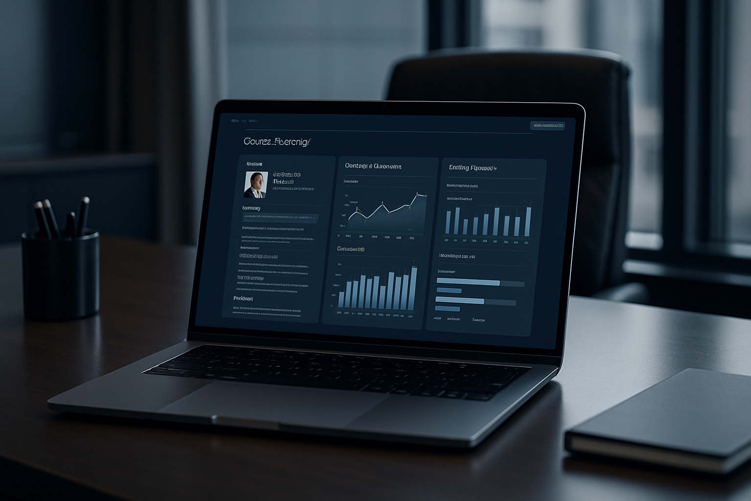 Executive career dashboard mockup showing polished resume pages, LinkedIn authority metrics, and hiring pipeline analytics on a sleek device