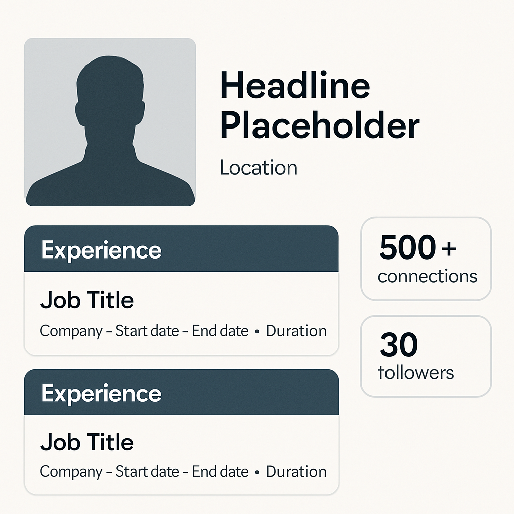 LinkedIn profile style visual with professional headshot area and highlight metrics