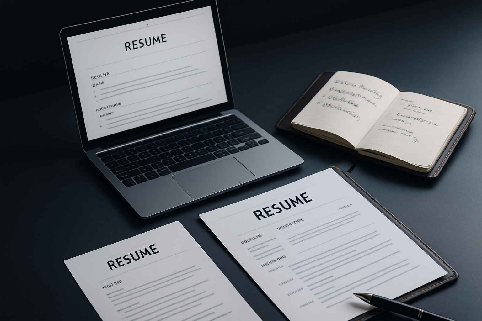 Executive career strategy mockup with resume, laptop, and planning notes