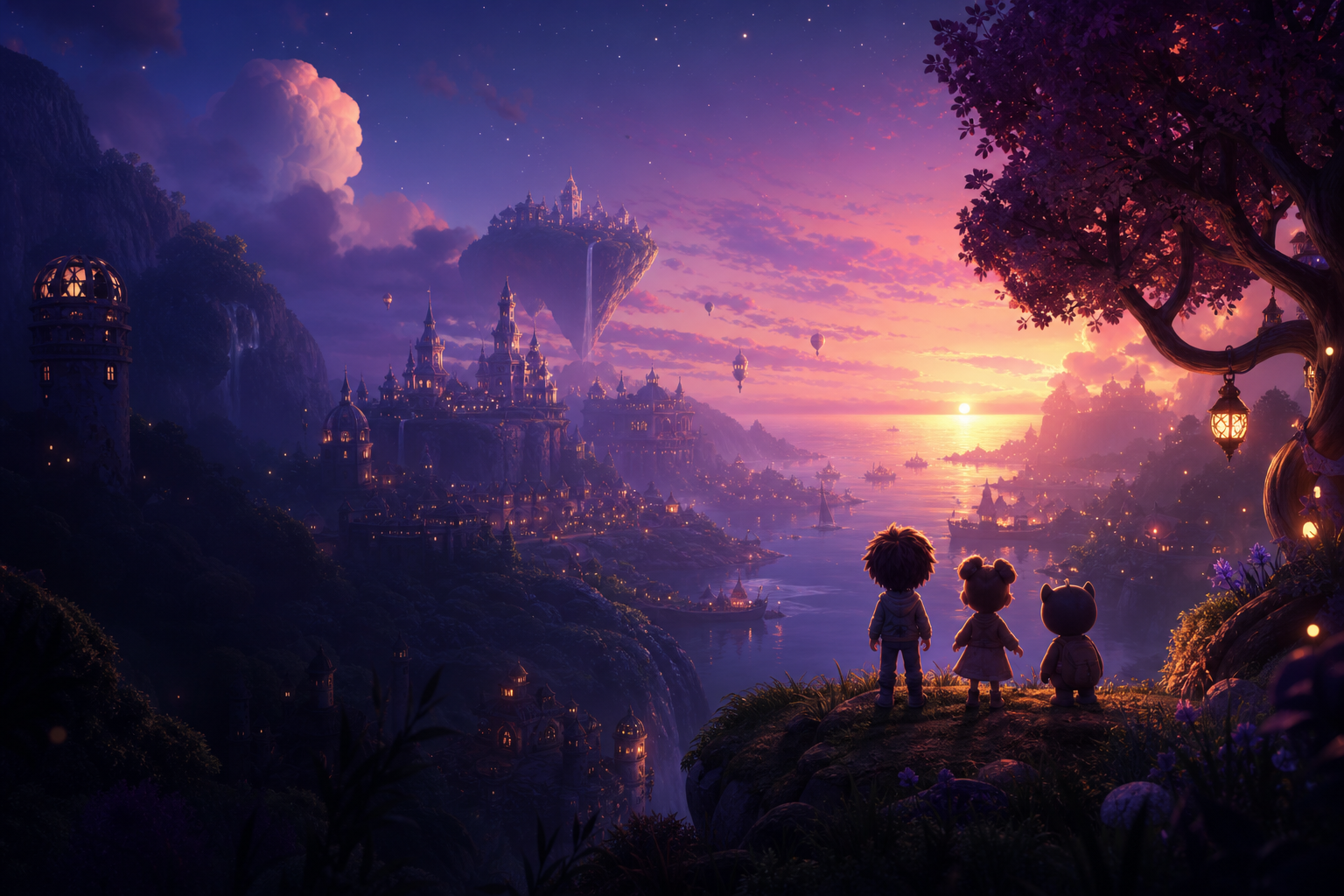 Luminous fantasy-inspired animated scene for children with character silhouettes, star-like accents, and a cinematic poster mood