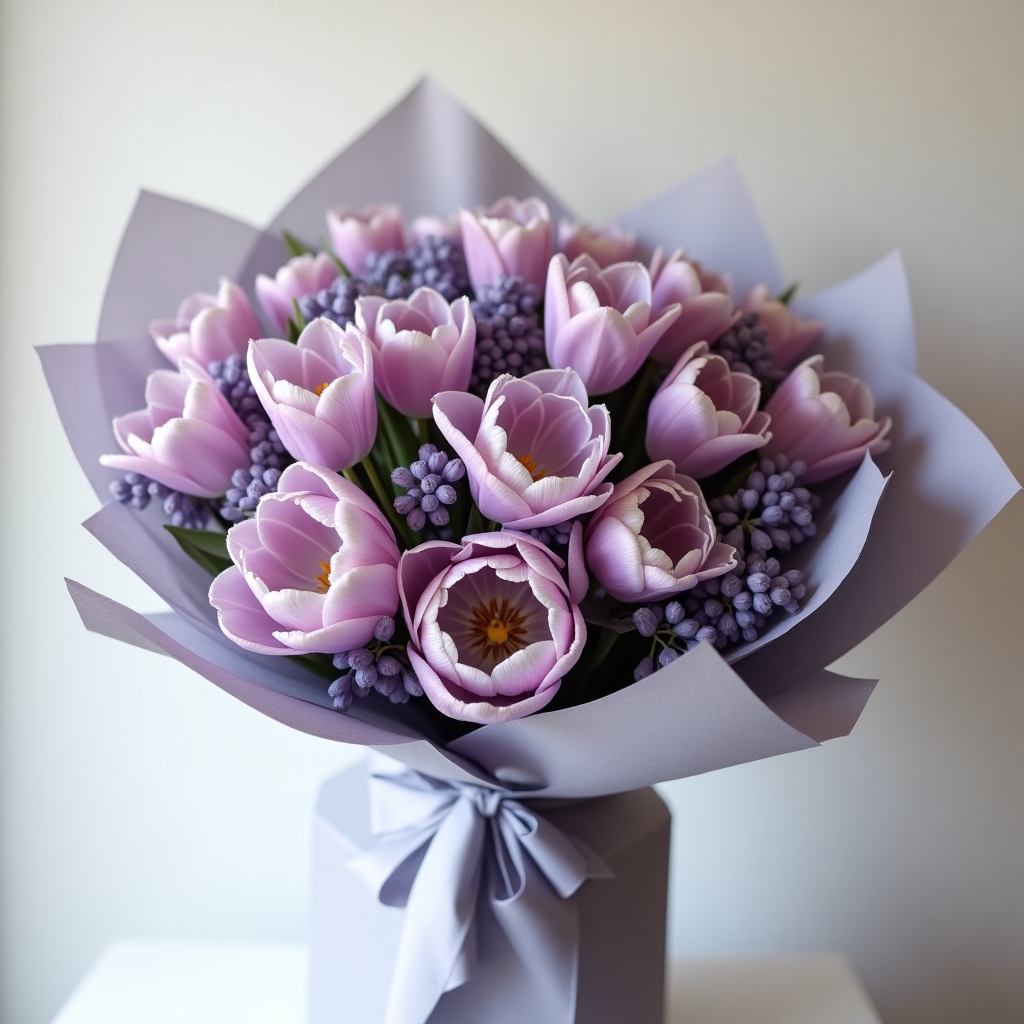 Lavender Evening bouquet with lilac stock, purple tulips, and silver dusty miller in gray wrap
