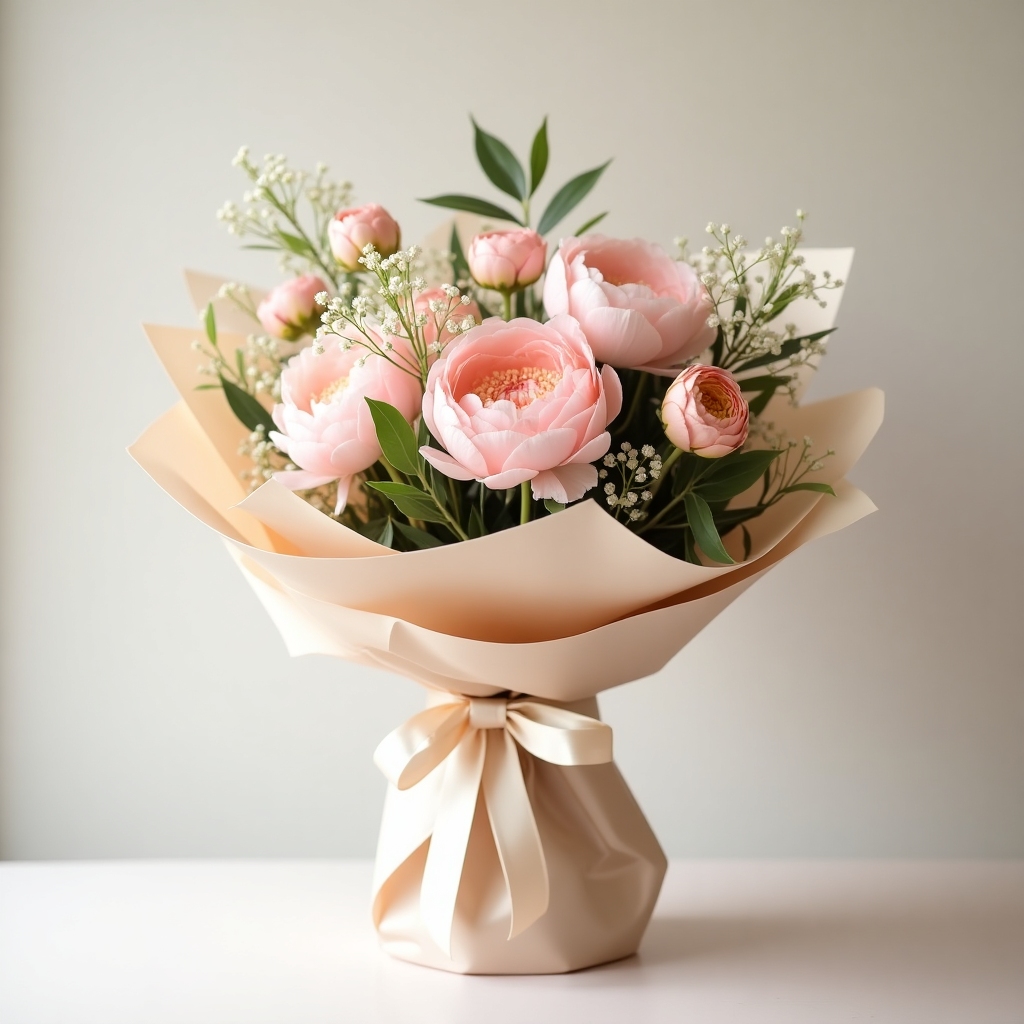 Soft Peony Cloud bouquet with blush peonies, pale ranunculus, and light greenery wrapped in cream paper