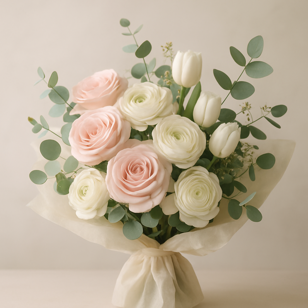 Lush spring bouquet with blush roses, creamy ranunculus, white tulips, and soft greenery wrapped in pale tissue