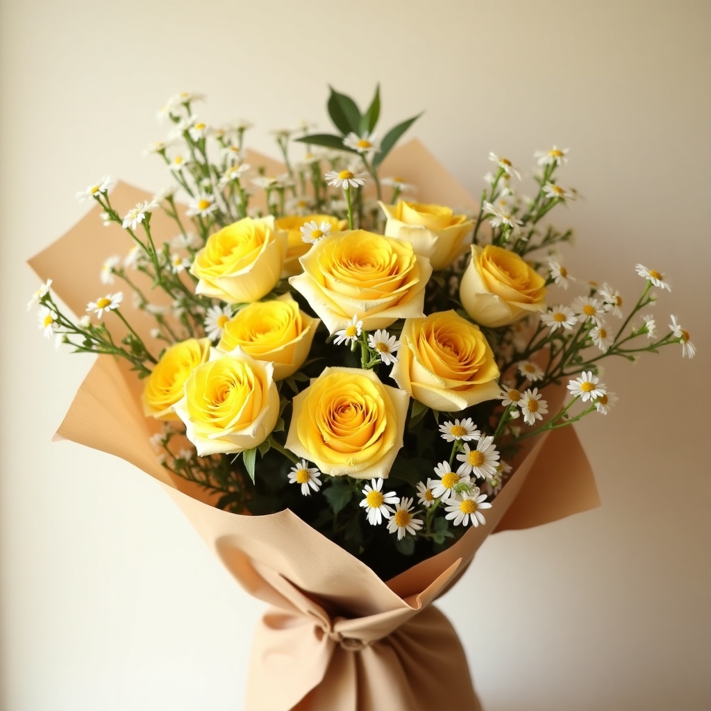 Sunlit Market Mix bouquet with golden yellow roses, chamomile, and eucalyptus in tan wrap