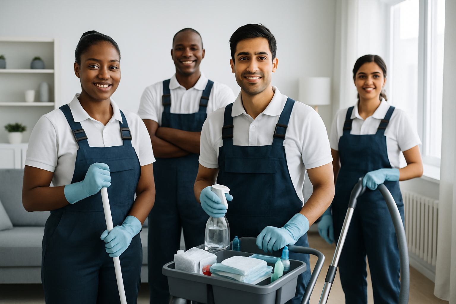Professional cleaning team preparing a bright, modern interior