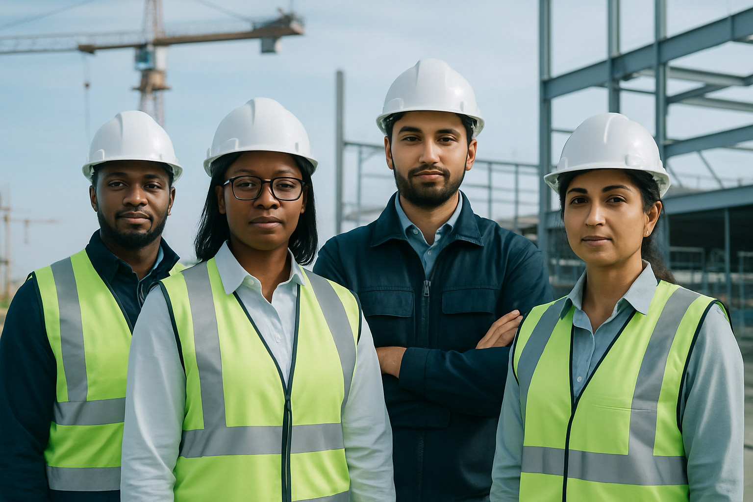 Diverse modern construction and industrial workforce with strong Black and brown representation, wearing safety gear at a Nordic European project site