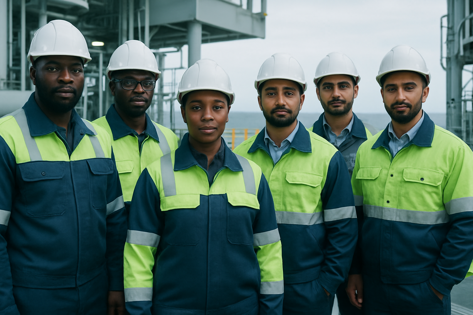 Professional offshore workforce team on an industrial platform