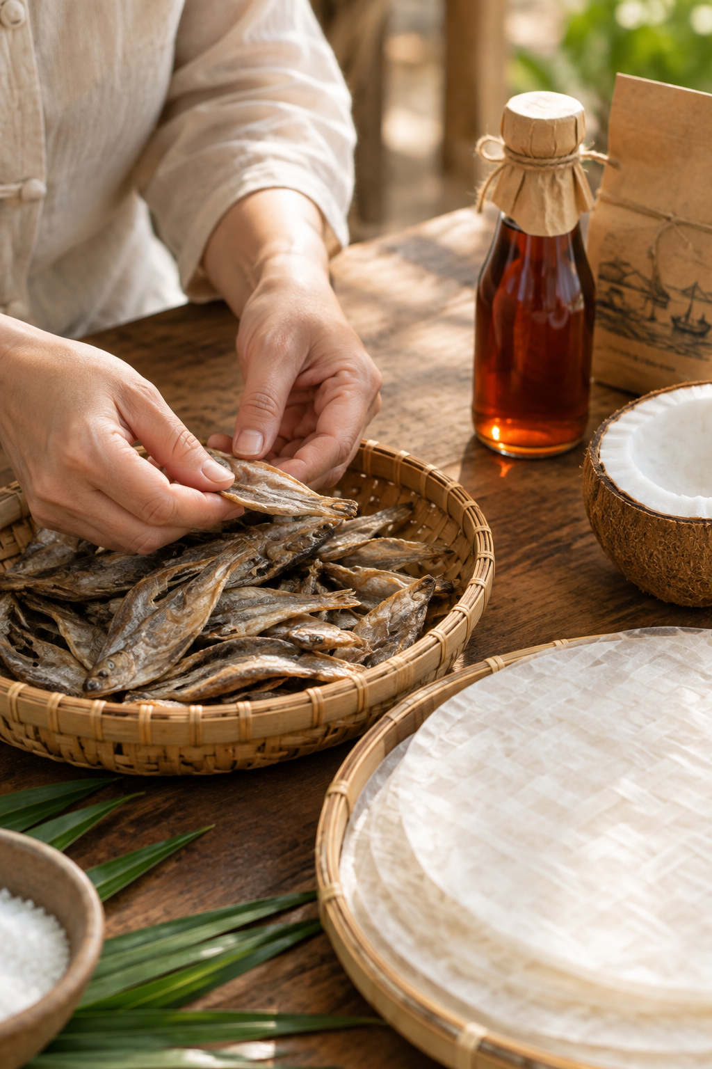 Cận cảnh bàn tay đang xử lý nguyên liệu đặc sản địa phương bên cạnh chai và bao bì thủ công trên bề mặt gỗ tự nhiên