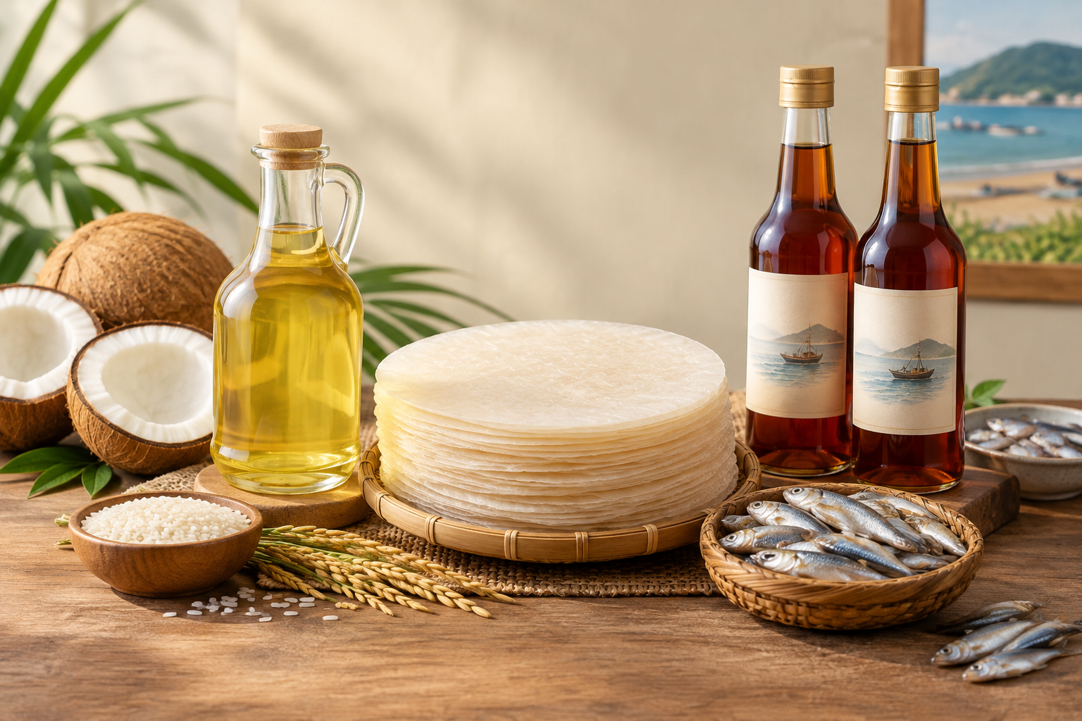 Bộ đặc sản Tam Quan gồm chai dầu dừa, bánh tráng truyền thống, chai nước mắm và nguyên liệu tự nhiên như dừa tươi, lúa gạo và cá biển