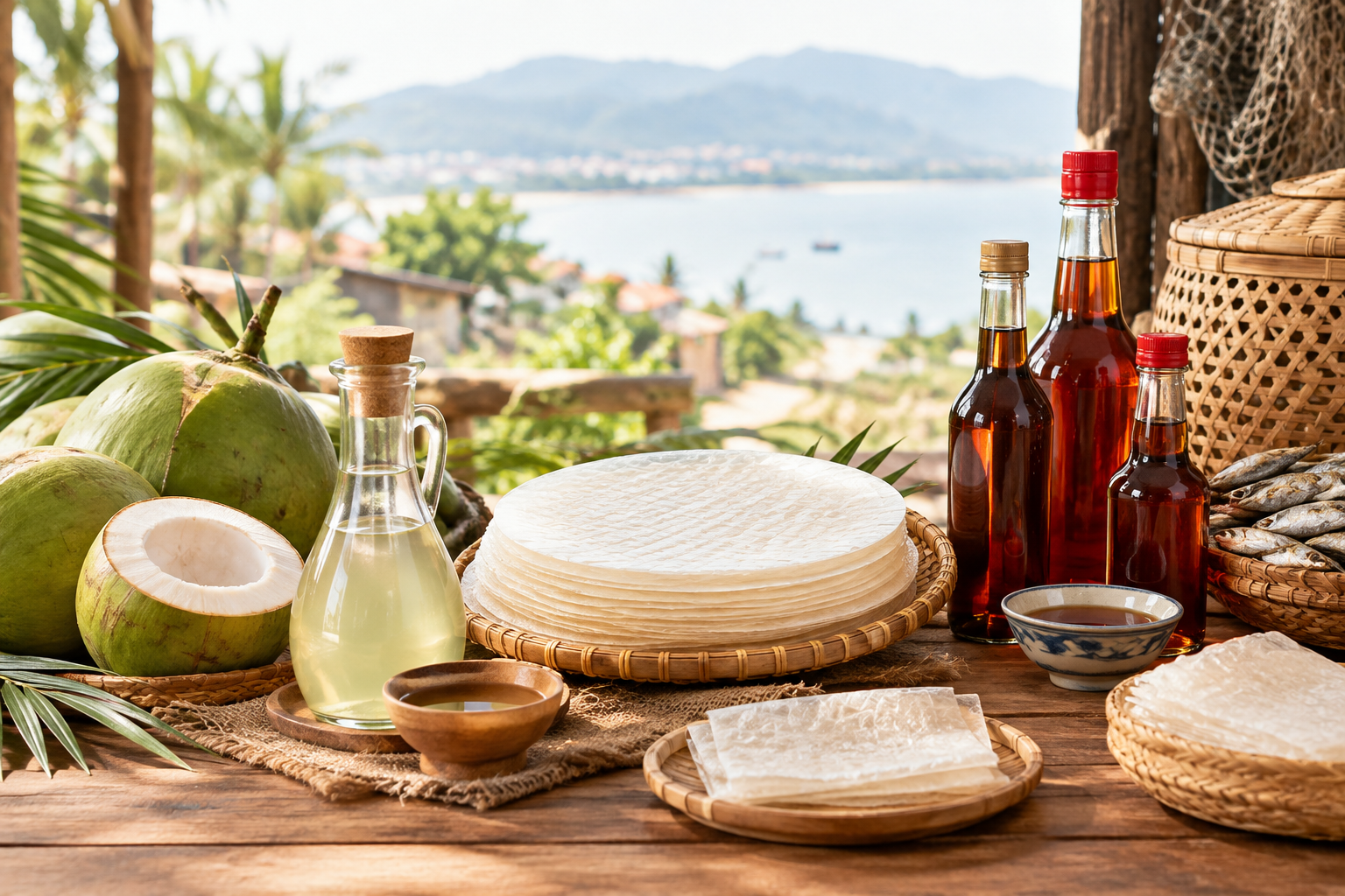Không gian đặc sản Tam Quan với nguyên liệu địa phương, dừa, bánh tráng và chai nước mắm bày trên bàn gỗ mộc trong ánh sáng tự nhiên ấm
