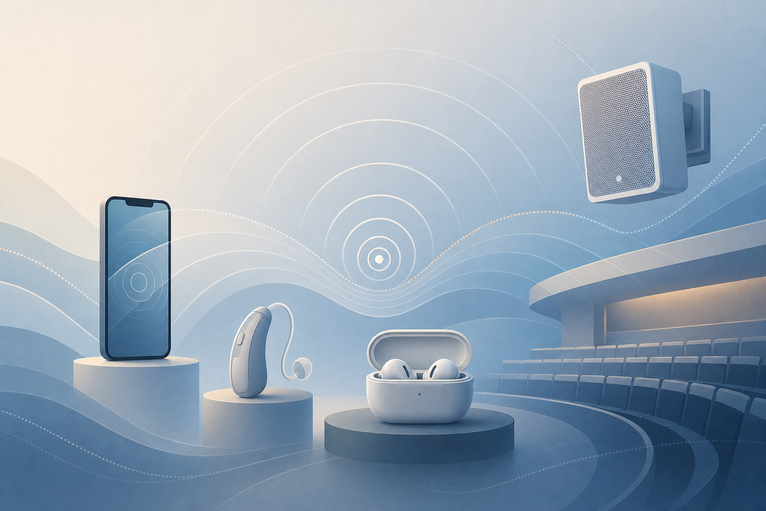 Abstract wireless broadcast waves with device silhouettes in an editorial-tech illustration style