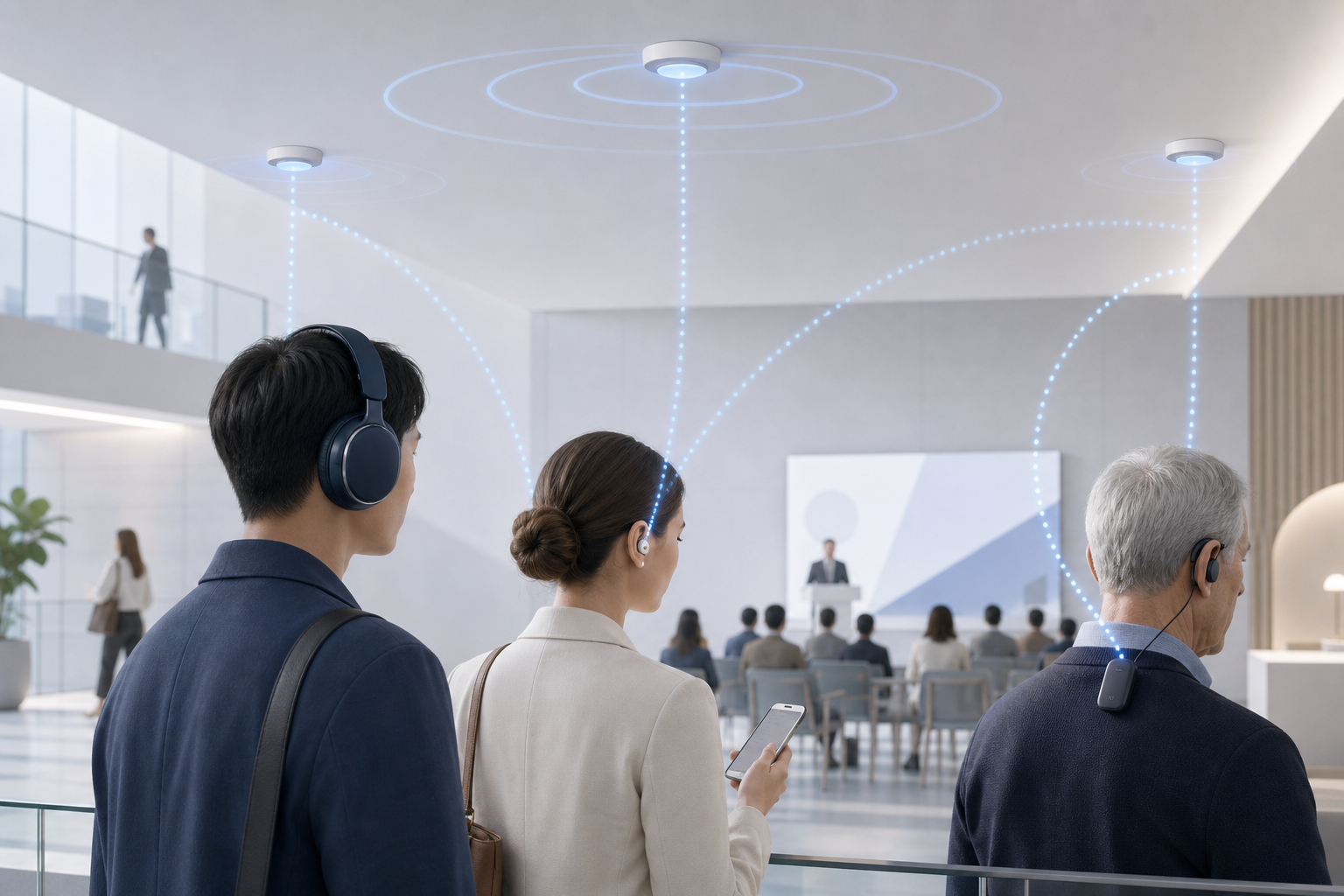 Abstract editorial-tech illustration of a conference venue with layered wireless audio broadcast waves reaching diverse listeners on headphones and hearing devices