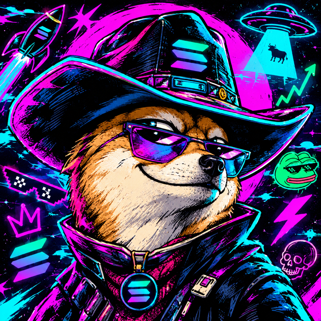 Chaotic meme character wearing an oversized futuristic frontier hat with Solana-style neon energy