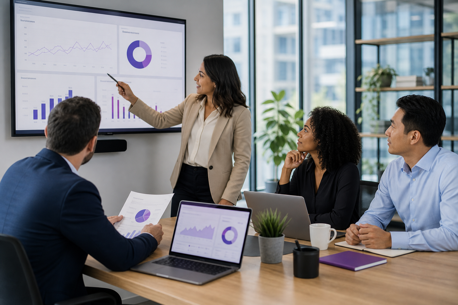 Nubank business team reviewing financial dashboards in a modern office