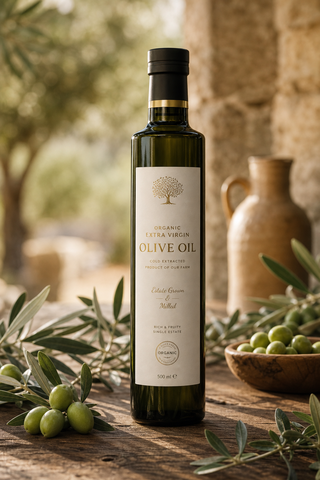 Bottiglia di olio extravergine di oliva biologico su tavolo rustico con rami di ulivo