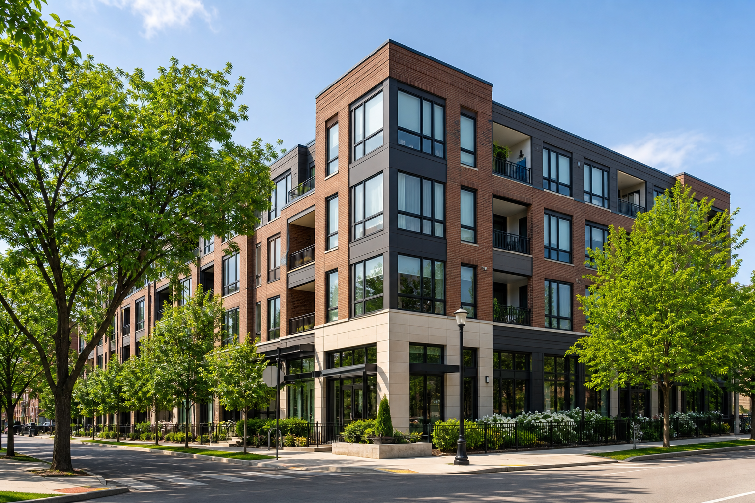 Modern mid-rise apartment building with warm brick tones, large windows, and leafy street trees in daylight