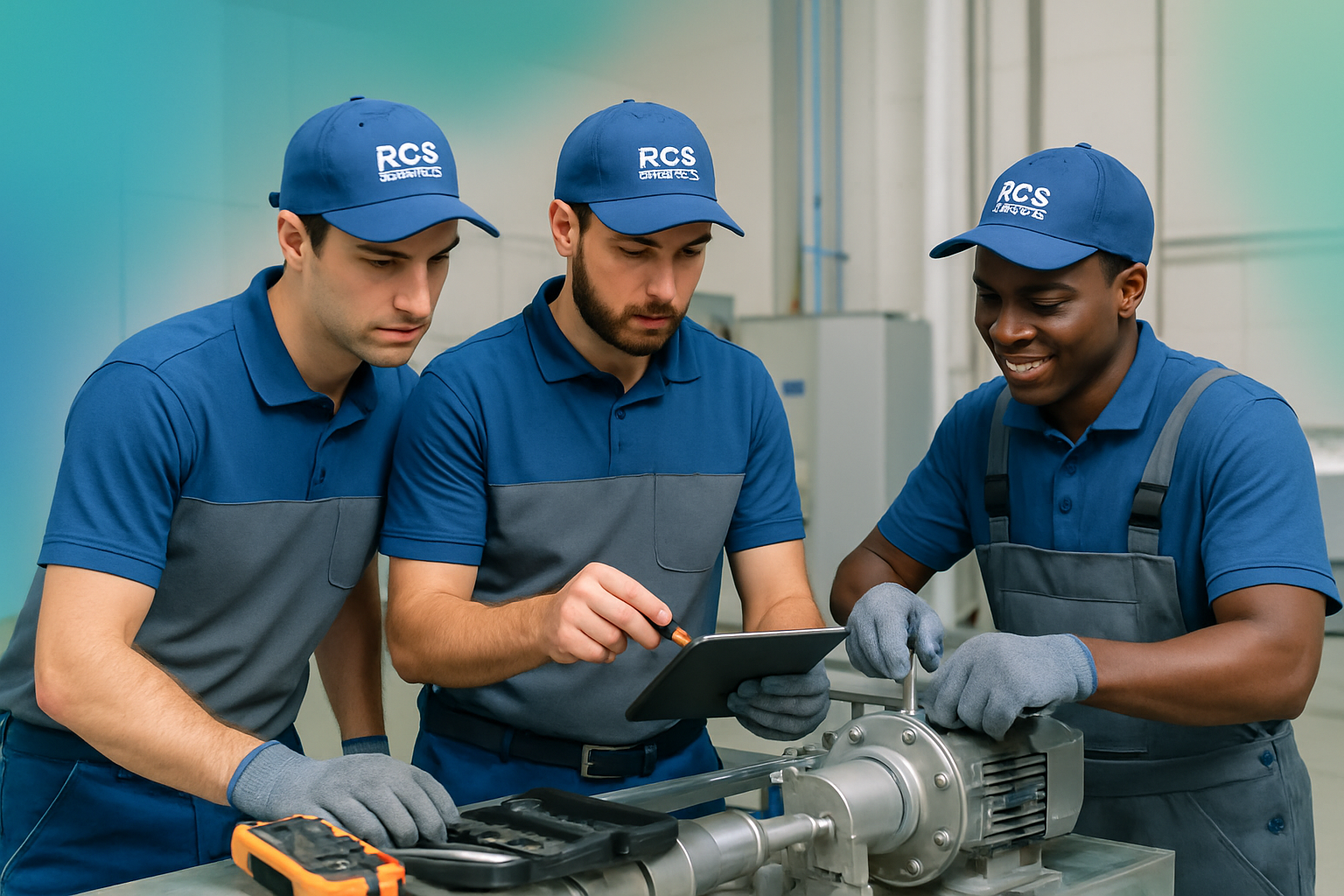 Equipe da RCS Serviços trabalhando em manutenção de equipamentos.