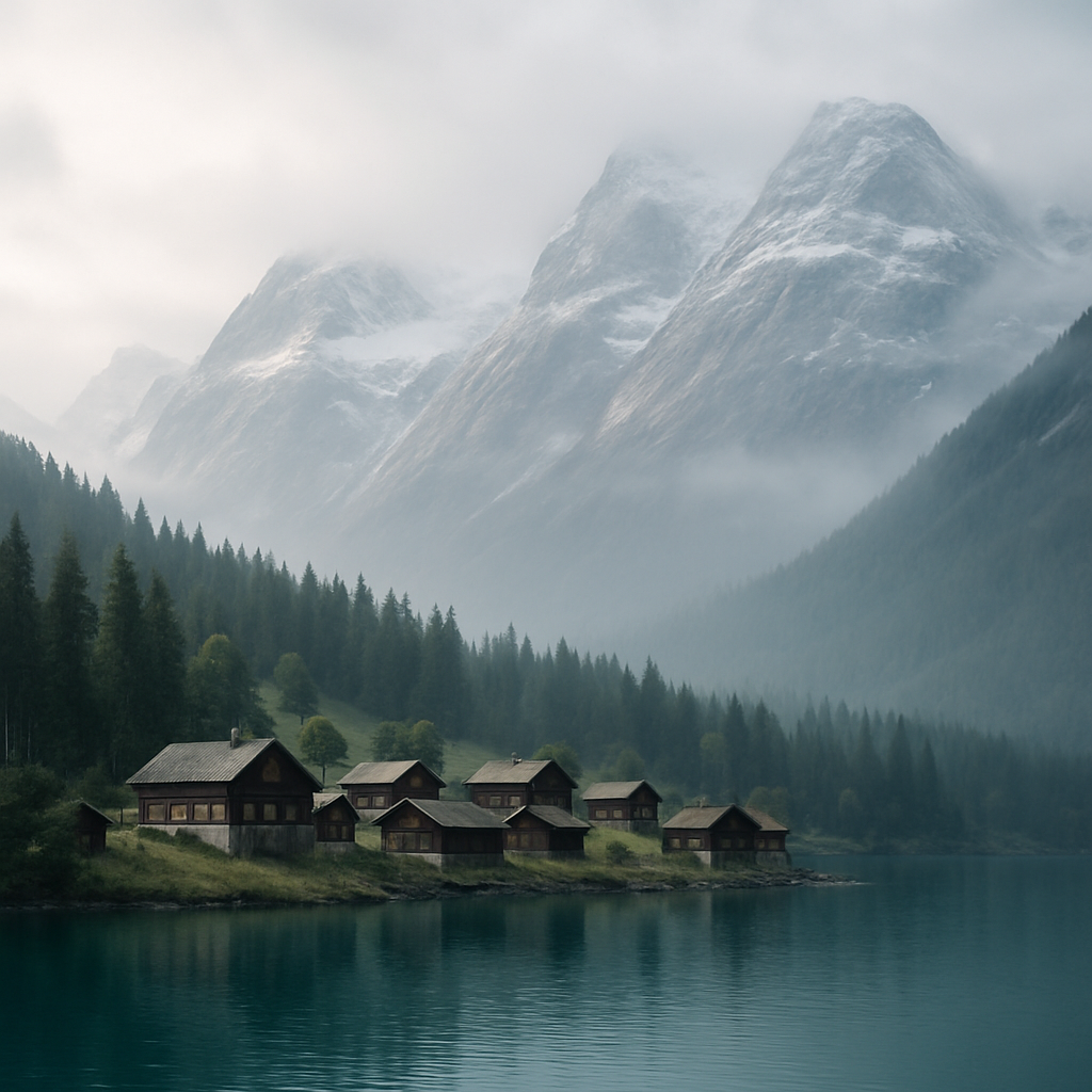 Wooden alpine chalet village beside a glassy turquoise lake with snow-dusted granite peaks rising in the misty background