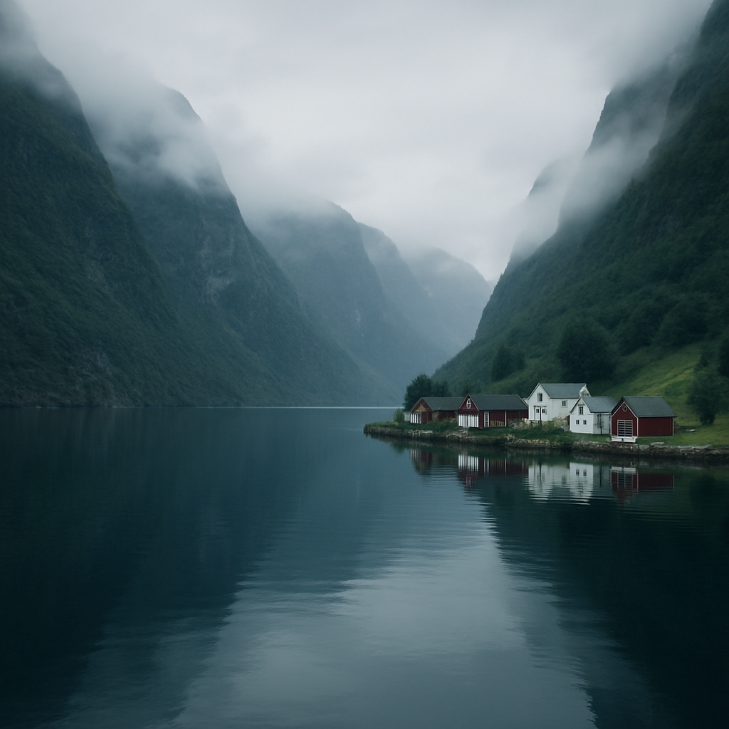 Deep blue Norwegian fjord flanked by towering green cliffs with a small wooden village at the water's edge under soft overcast light