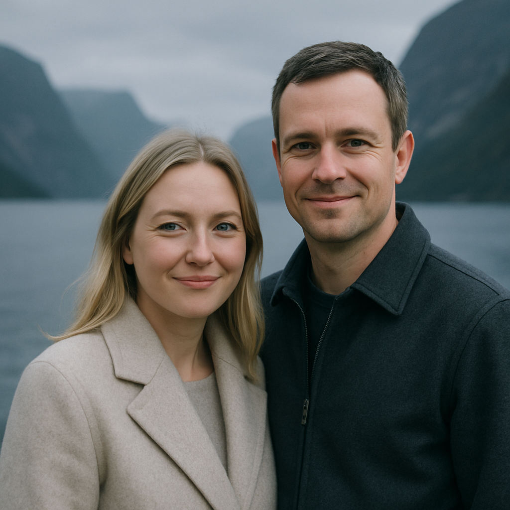 Portrait of a couple smiling near a Norwegian fjord