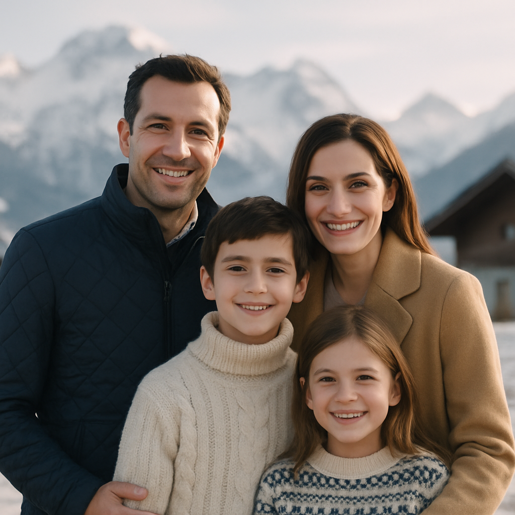 Portrait of a family of four with two children in the Alps